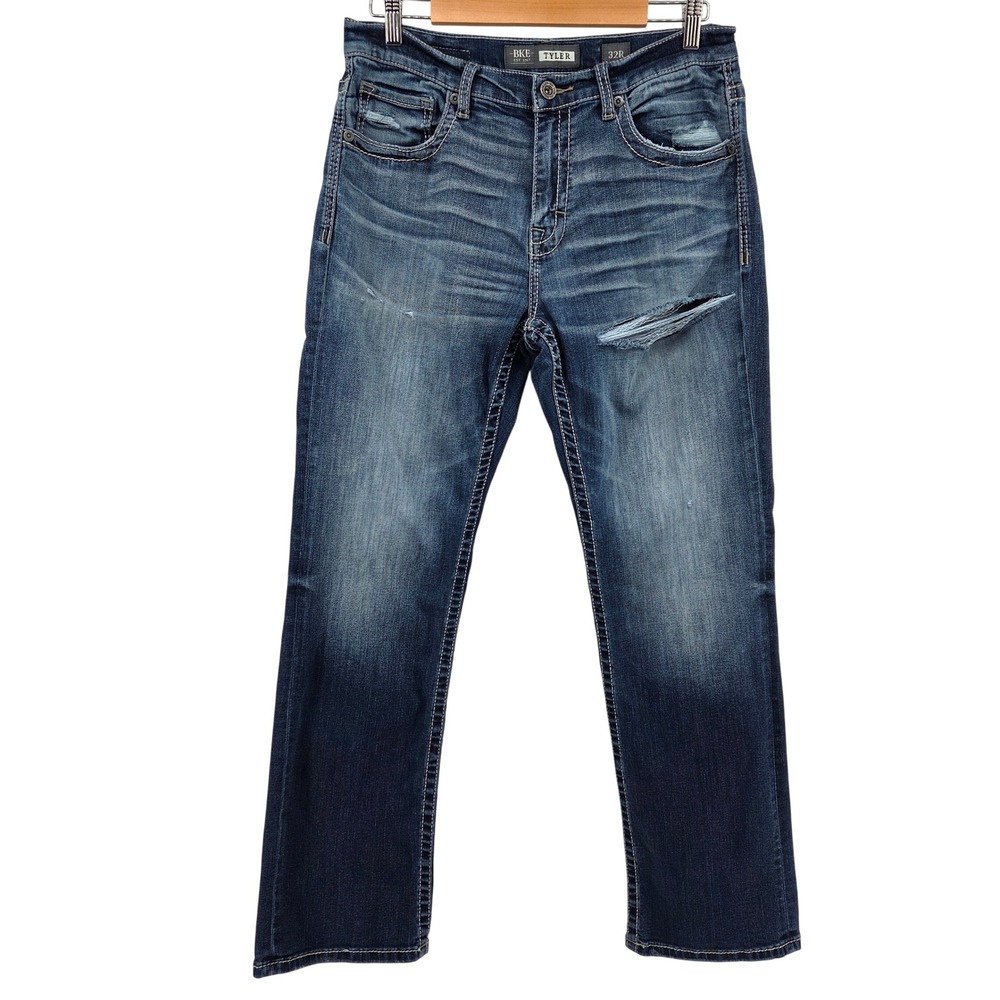 BKE Tyler Straight Leg Jeans Mens 32R Blue Distressed Stretch Denim